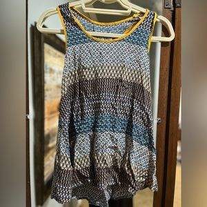 Navy & brown print blouse with mustard trim and tie back size small